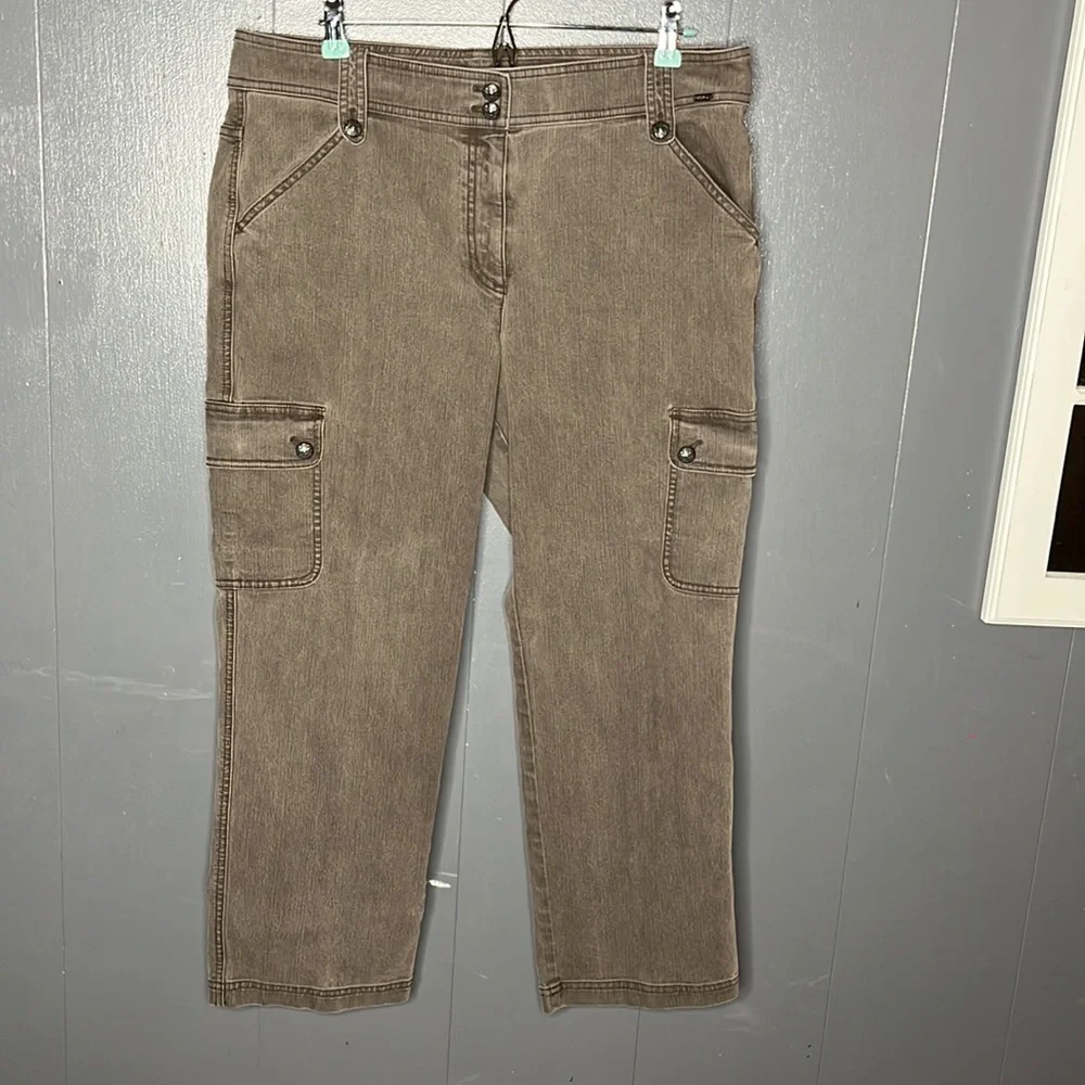 St. John Green Cargo Pants Straight Crop Jeans Cotton‎ Stretch Size 14 High Rise